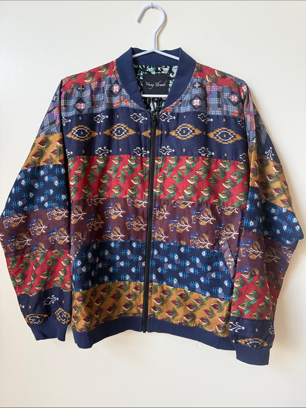 Young Threads multi bomber zip up jacket block print pattern